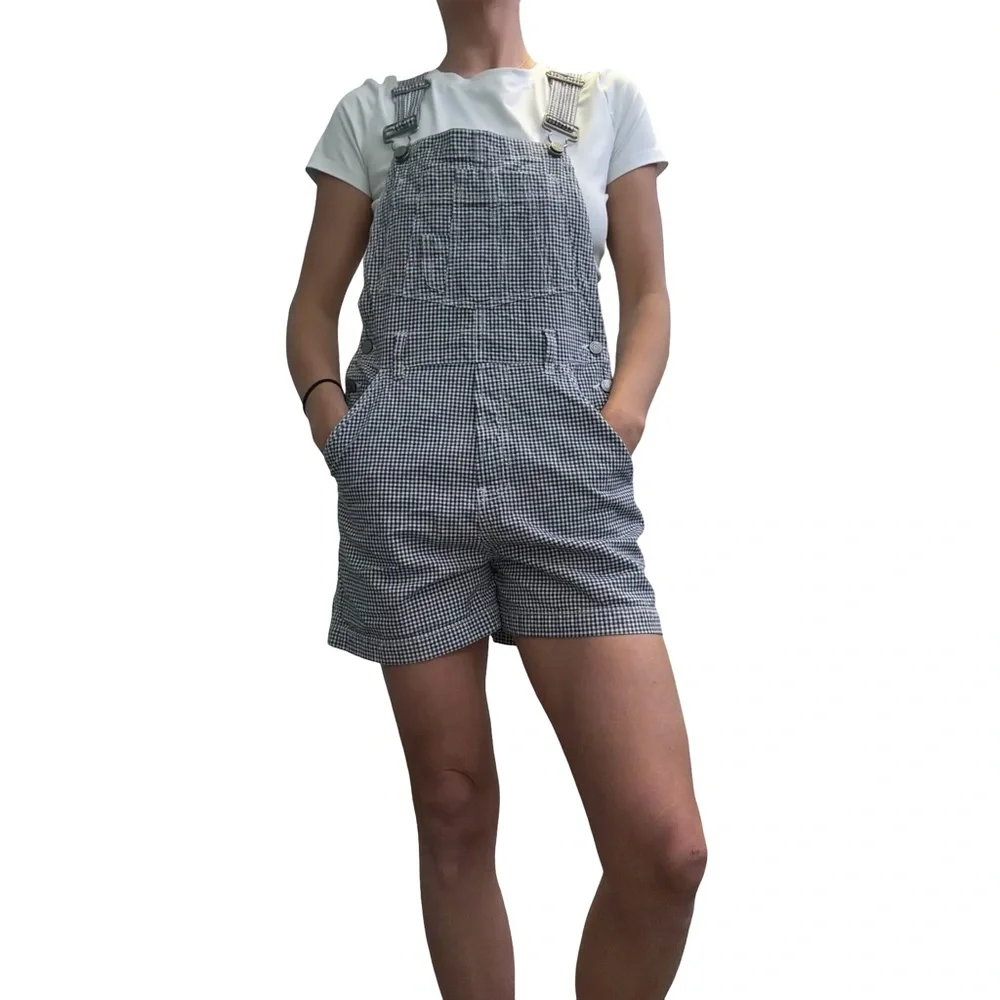 vintage No Boundaries navy & white gingham check short overalls. Juniors small - Picture 6 of 7